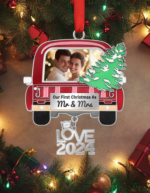 Load image into Gallery viewer, Our First Christmas As Mr and Mrs Photo Ornament Metal Wedding Gift 2024
