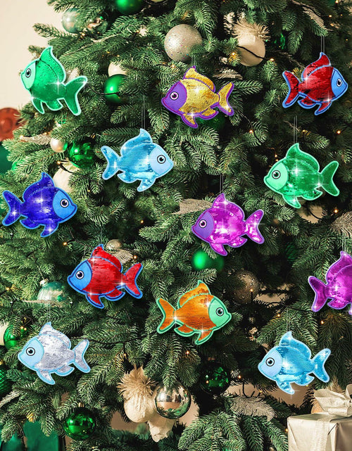 Load image into Gallery viewer, Suzile Christmas Fishing Ornaments 4 Pc Large Glitter Fish Coastal Blue
