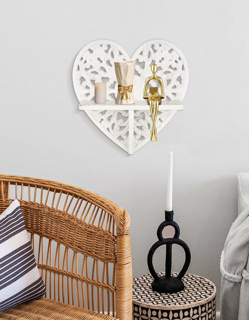 Load image into Gallery viewer, Multipurpose Floating Wall Shelf with Key Hooks Heart-Shaped 12" Vintage White
