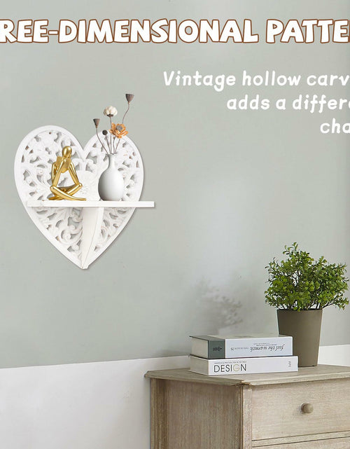 Load image into Gallery viewer, Multipurpose Floating Wall Shelf with Key Hooks Heart-Shaped 12" Vintage White
