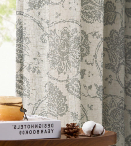 [Like_new] jinchan Linen Curtains Gray Floral Paisley 63in Length 2 Panels