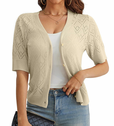 VOIANLIMO Women's Cropped V-Neck Button Down Cardigan Sweater Apricot Size S