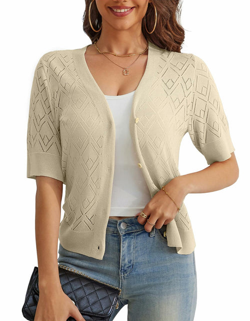 Load image into Gallery viewer, VOIANLIMO Women's Cropped V-Neck Button Down Cardigan Sweater Apricot Size S

