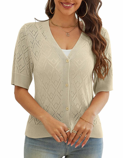 Load image into Gallery viewer, VOIANLIMO Women's Cropped V-Neck Button Down Cardigan Sweater Apricot Size S

