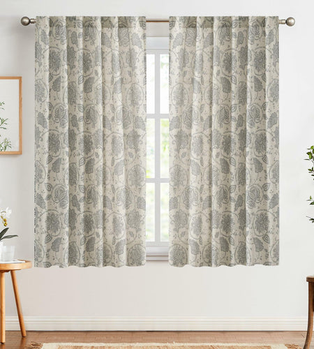 [Like_new] jinchan Linen Curtains Gray Floral Paisley 63in Length 2 Panels
