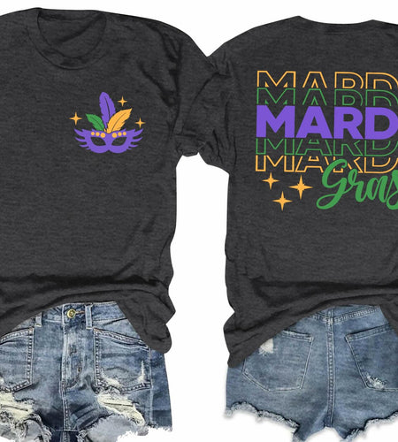 Mardi Gras Shirts Women Short Sleeve Casual T-Shirt Mask Carnival Size XL