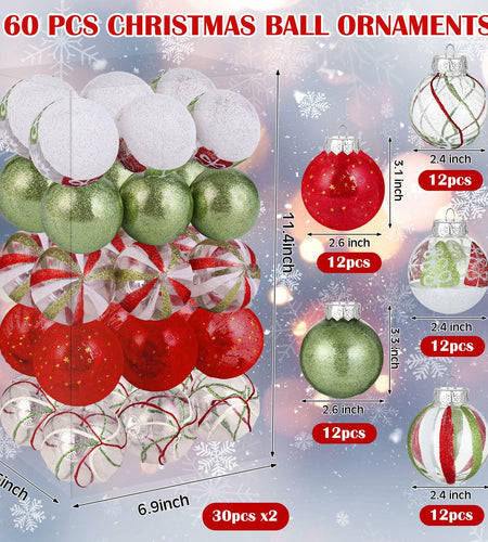 Realspring 60 Pc 2.4" Shatterproof Christmas Ornaments Red Green White
