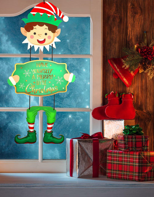 Load image into Gallery viewer, Elf Boys Hanging Sign with Lights Wooden Christmas Decor Indoor Outdoor
