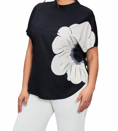 Verdusa Women's Plus Size Floral Mock Neck Keyhole Tee Black White Size 2XL