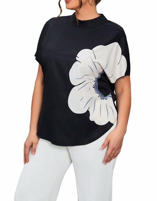 Load image into Gallery viewer, Verdusa Women's Plus Size Floral Mock Neck Keyhole Tee Black White Size 2XL
