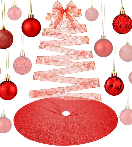 Suilung 22 Pcs Christmas Tree Skirt 46" Red Sequins Ribbon & 20 Ornaments Set