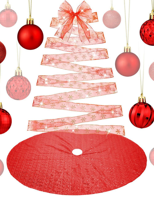 Load image into Gallery viewer, Suilung 22 Pcs Christmas Tree Skirt 46" Red Sequins Ribbon &amp; 20 Ornaments Set
