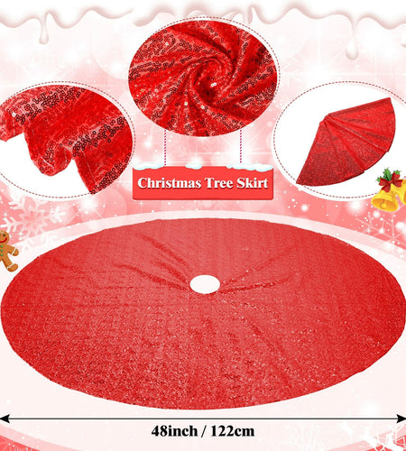 Suilung 22 Pcs Christmas Tree Skirt 46" Red Sequins Ribbon & 20 Ornaments Set