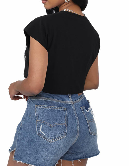 Load image into Gallery viewer, LovelyWholesale Women Cap Sleeve Cropped Graphic Tee Black Size L
