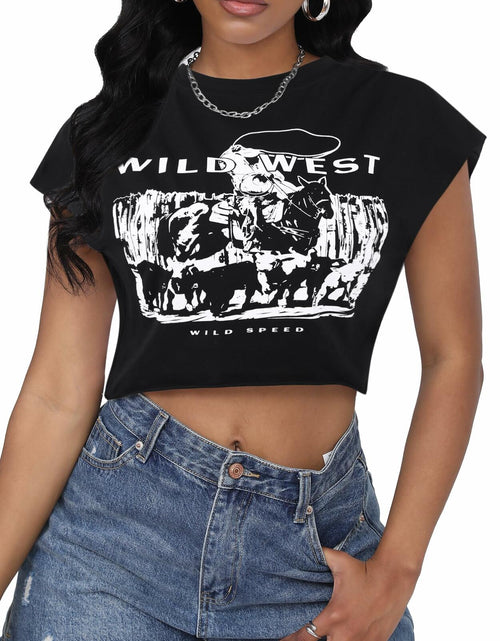 Load image into Gallery viewer, LovelyWholesale Women Cap Sleeve Cropped Graphic Tee Black Size L
