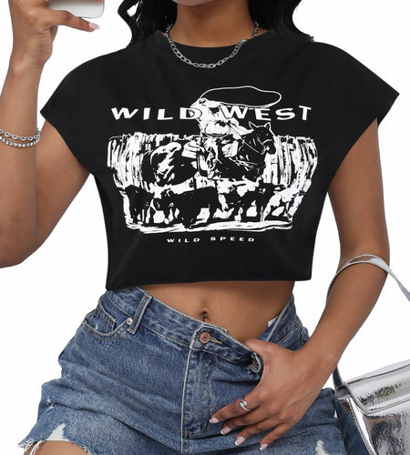 LovelyWholesale Women Cap Sleeve Cropped Graphic Tee Black Size L