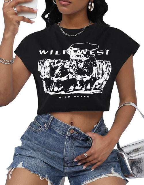 Load image into Gallery viewer, LovelyWholesale Women Cap Sleeve Cropped Graphic Tee Black Size L
