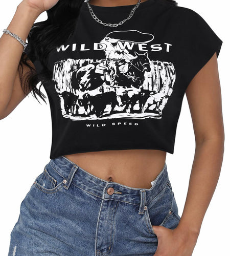 LovelyWholesale Women Cap Sleeve Cropped Graphic Tee Black Size L