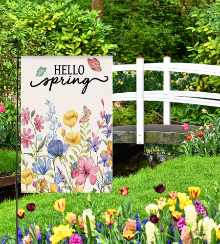ZRTR Hello Spring Garden Flag 12x18 Inch Double Sided Burlap Floral