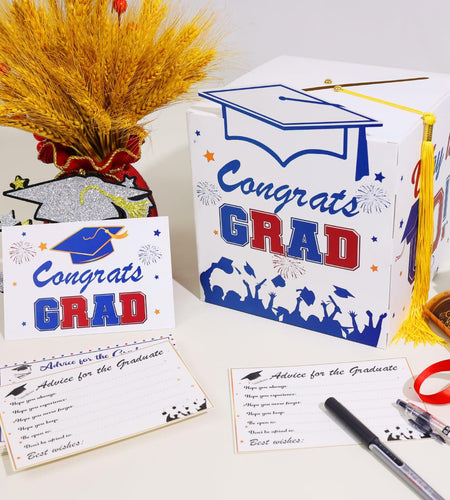 Premium Graduation Card Box Holder with 12 Cards and Tassel, Classic Design