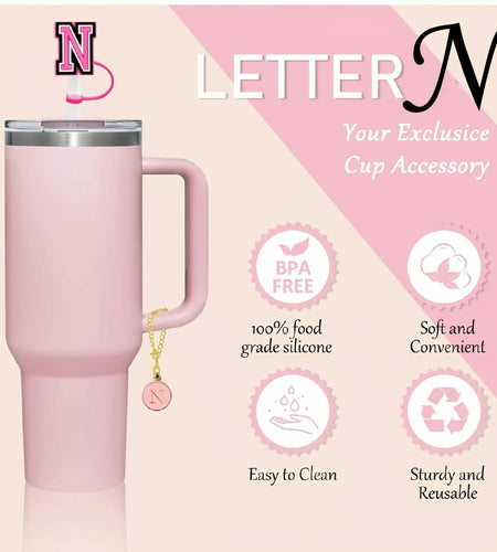 IN CHENTHY Straw Topper 2pcs Letter N Covers + Charm Chain + Alphabet Stickers