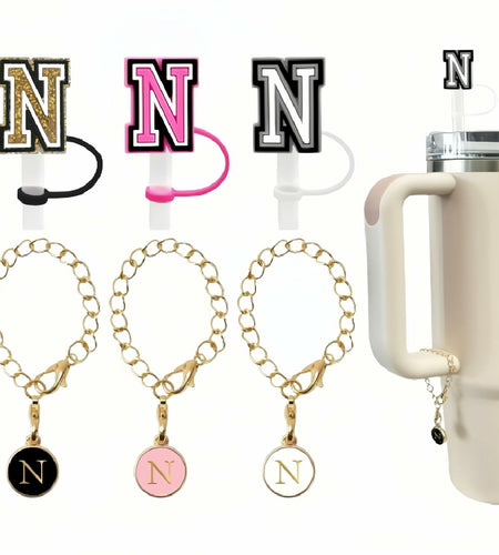 IN CHENTHY Straw Topper 2pcs Letter N Covers + Charm Chain + Alphabet Stickers