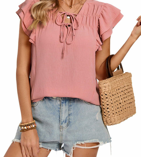 Blouses Women V Neck Ruffle Sleeve Drawstring Front Pink Size S