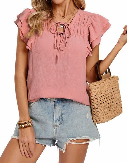 Load image into Gallery viewer, Blouses Women V Neck Ruffle Sleeve Drawstring Front Pink Size S
