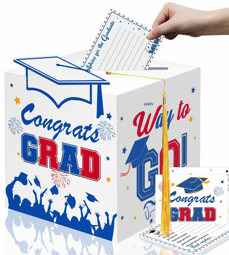 Premium Graduation Card Box Holder with 12 Cards and Tassel, Classic Design