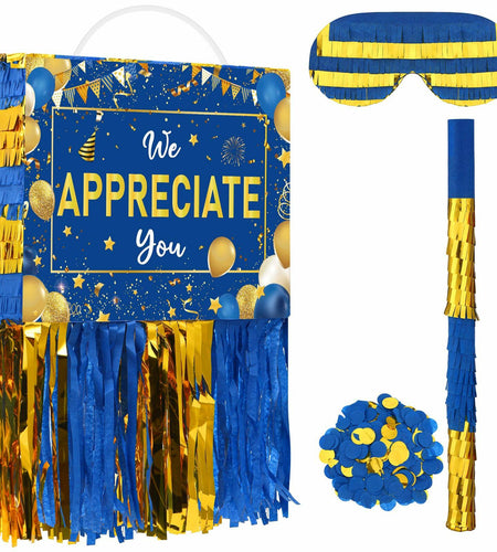 [Like New] Poen We Appreciate You Piñata with Stick Blindfold Blue Gold Confetti 16x12 Inch