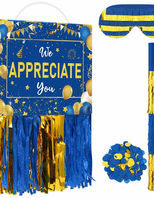 Load image into Gallery viewer, [Like New] Poen We Appreciate You Piñata with Stick Blindfold Blue Gold Confetti 16x12 Inch
