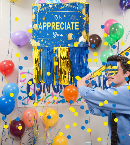 [Like New] Poen We Appreciate You Piñata with Stick Blindfold Blue Gold Confetti 16x12 Inch