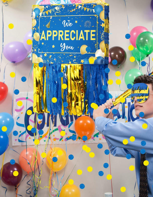 Load image into Gallery viewer, [Like New] Poen We Appreciate You Piñata with Stick Blindfold Blue Gold Confetti 16x12 Inch
