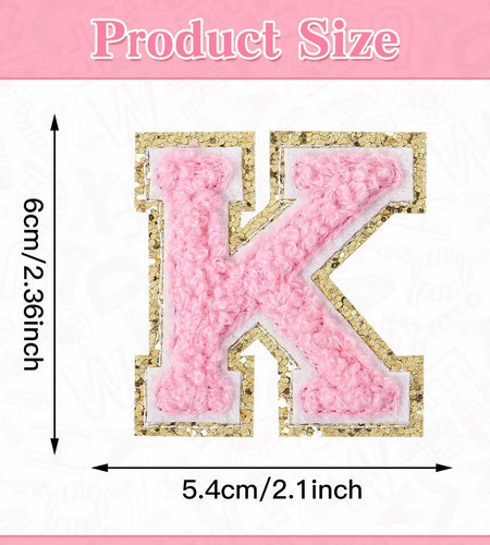 3Pcs Chenille Letter Patches Iron-On Pink 2 Inch Glitter Alphabet K