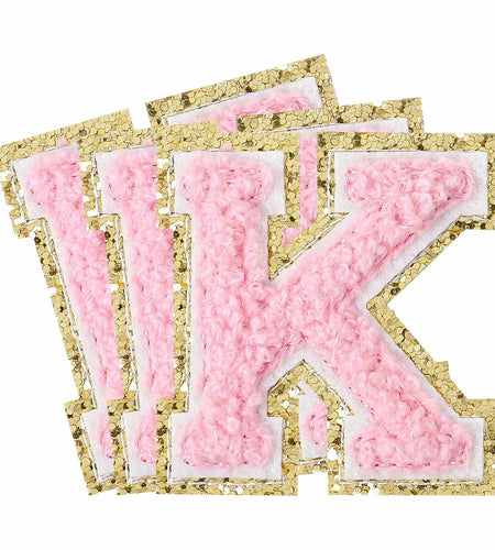 3Pcs Chenille Letter Patches Iron-On Pink 2 Inch Glitter Alphabet K