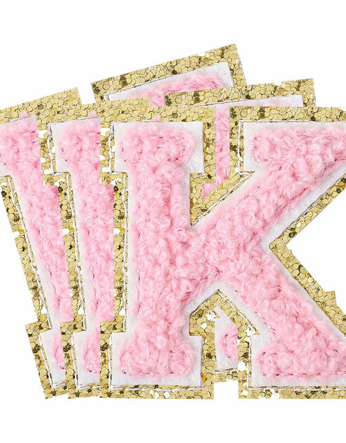 Load image into Gallery viewer, 3Pcs Chenille Letter Patches Iron-On Pink 2 Inch Glitter Alphabet K
