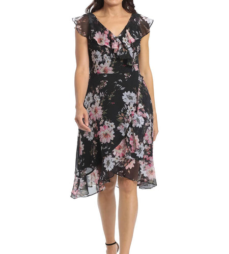 [Like New] London Times Women's Chiffon Ruffle Dress Black/Blush Size 14
