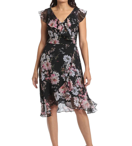 [Like New] London Times Women's Chiffon Ruffle Dress Black/Blush Size 14