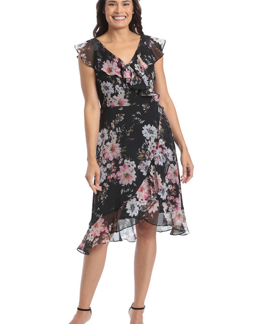 Load image into Gallery viewer, [Like New] London Times Women's Chiffon Ruffle Dress Black/Blush Size 14
