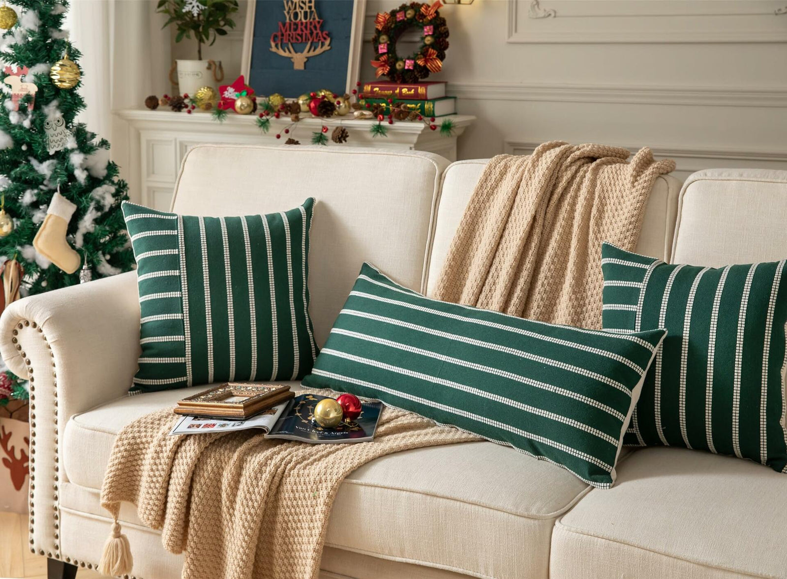 Boho Lumbar Throw Pillow Cover 14x36 Dark Green Striped Pack of 1
