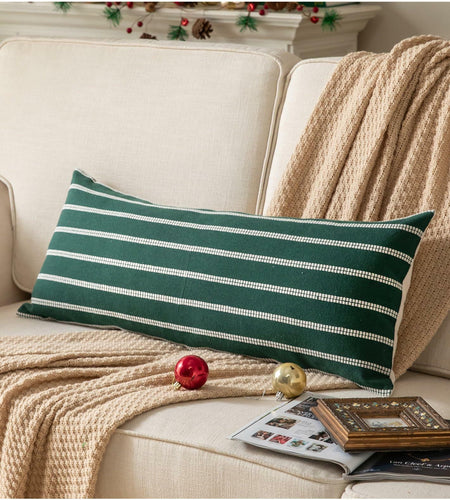 Boho Lumbar Throw Pillow Cover 14x36 Dark Green Striped Pack of 1