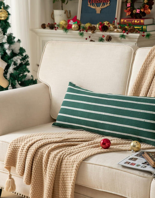Load image into Gallery viewer, Boho Lumbar Throw Pillow Cover 14x36 Dark Green Striped Pack of 1
