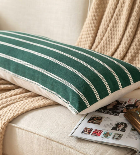 Boho Lumbar Throw Pillow Cover 14x36 Dark Green Striped Pack of 1
