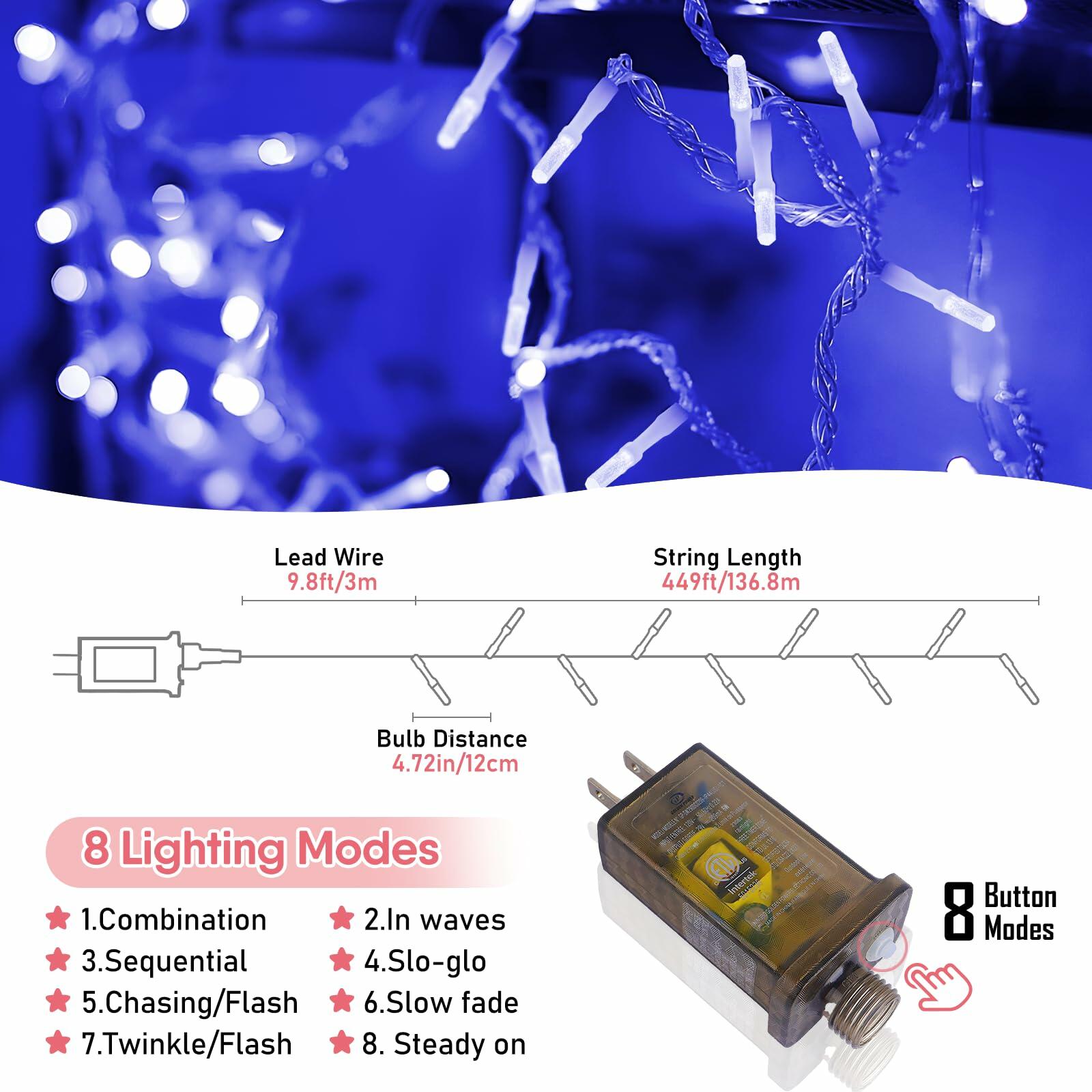 Heceltt 1140 LED 449FT Outdoor String Lights Blue 8 Modes Timer IP44