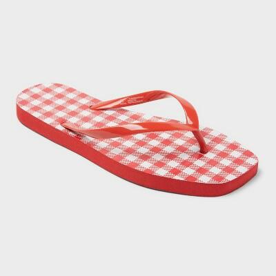 Load image into Gallery viewer, Shade &amp; Shore Women's Palmer Gingham Square Toe Flip Flops Red/White Size 6
