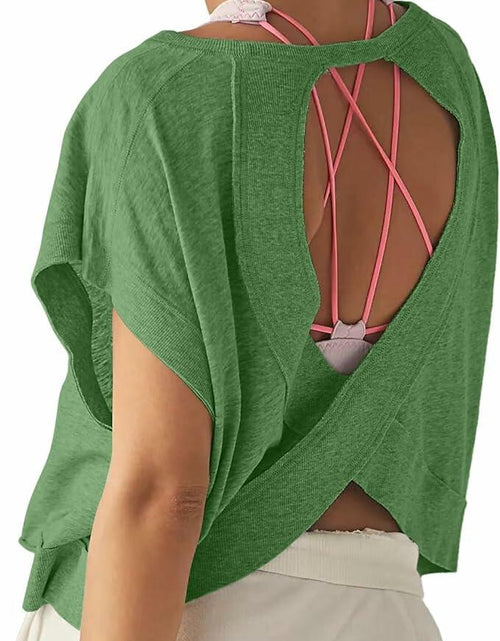 Load image into Gallery viewer, HUEOBIR Women's Backless Loose Workout Yoga T-Shirt Watercress Green Size L
