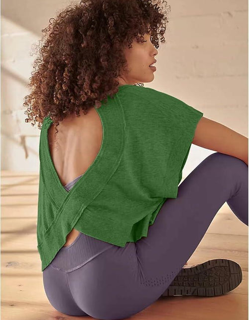 Load image into Gallery viewer, HUEOBIR Women's Backless Loose Workout Yoga T-Shirt Watercress Green Size L
