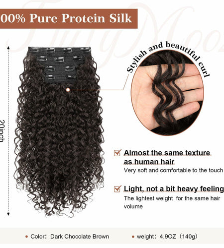 [Like New] FLUFYMOOZ 4PC 100% Protein Silk Hair Extensions 20in Curly Dark Chocolate Brown