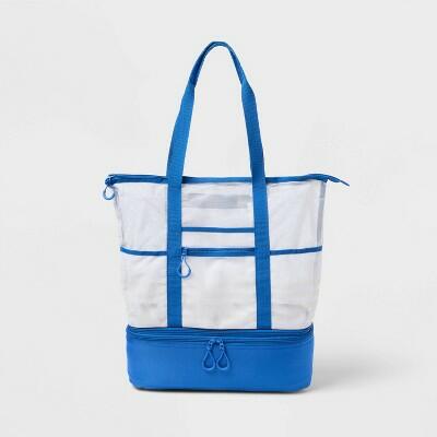 Load image into Gallery viewer, Sun Squad Beach Tote Bag Zipper Bottom Tan Stripe Navy Lining Blue
