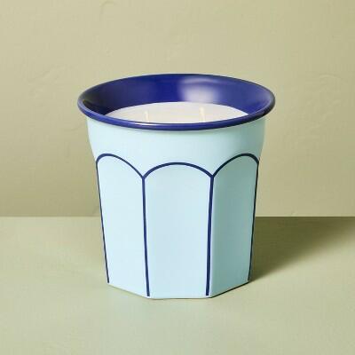 Load image into Gallery viewer, Hearth &amp; Hand Magnolia Arch Embossed Ceramic Sun Citron Jar Candle Blue 12oz

